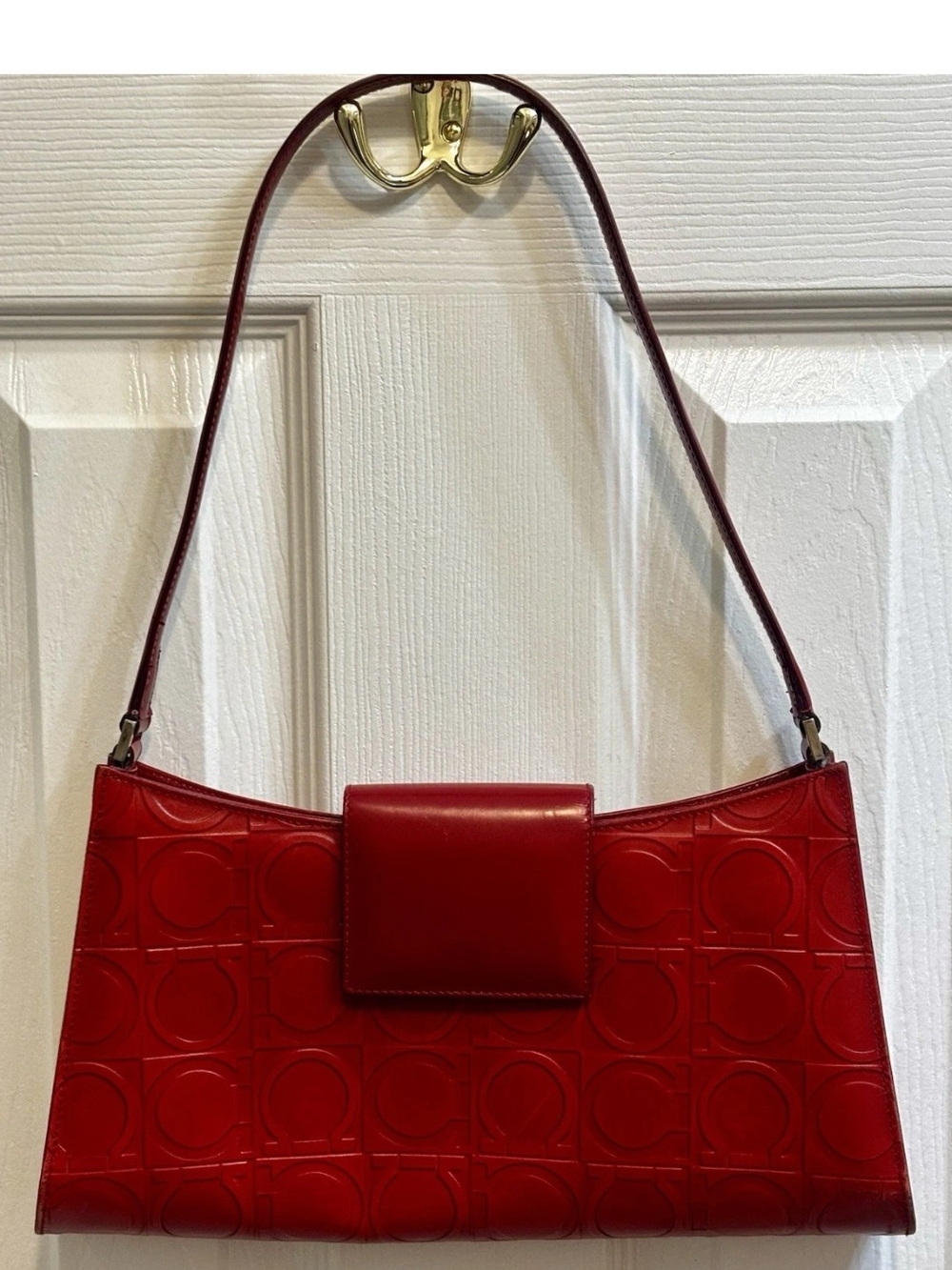 Salvatore Ferragamo Red Embossed Leather Shoulder Bag